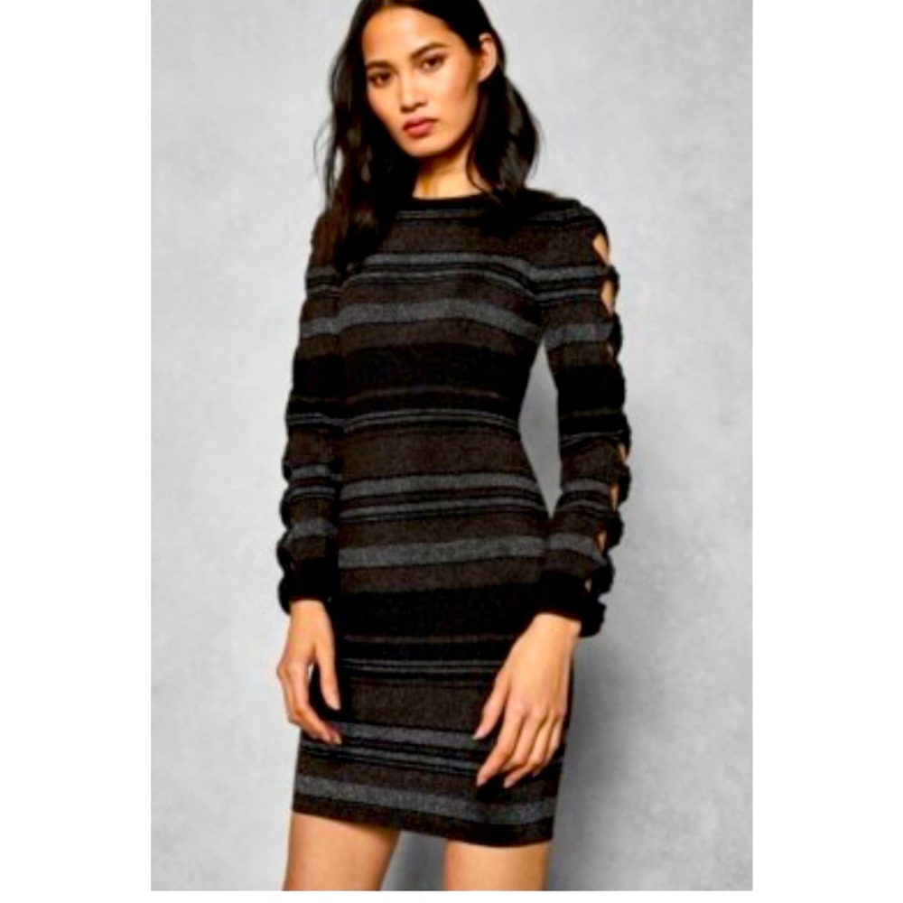 💕 Ted Baker London Black and Gray Striped Midi Dress with sparkle details